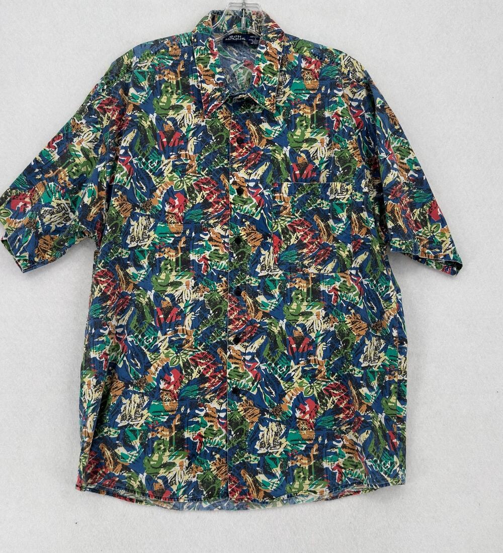 Vintage Bon Homme Vibrant Tropical Short Sleeve Button Down Hawaiian Shirt Sz L